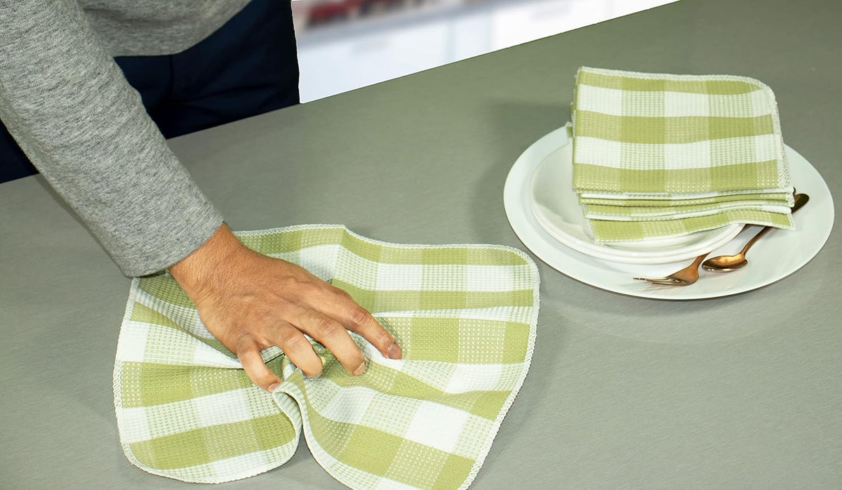 Waffle Weave Plaid Dish Cloths, 100% Cotton - 12 x 12 Inches, Ultra Soft Absorbent Quick Drying Dish Towels Buffalo Check Dish Rags for Kitchen, 8 Pack - Spring Summer - Light Green & White