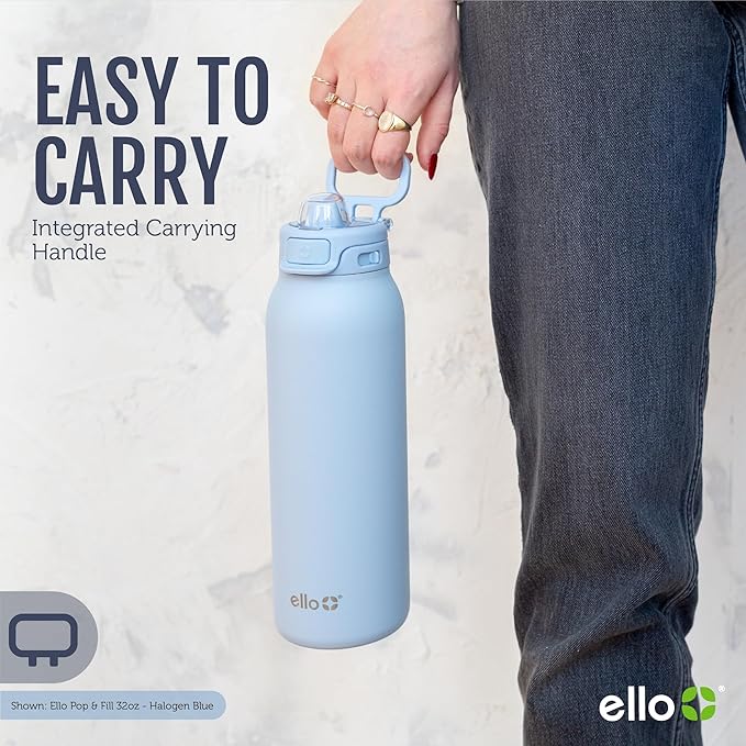 Ello Pop & Fill 32oz Stainless Steel Water Bottle with Quick Fill Technology, Double Walled and Vacuum Insulated Metal, Leak Proof Locking Lid, Sip and Chug, Reusable, BPA Free, Aurora
