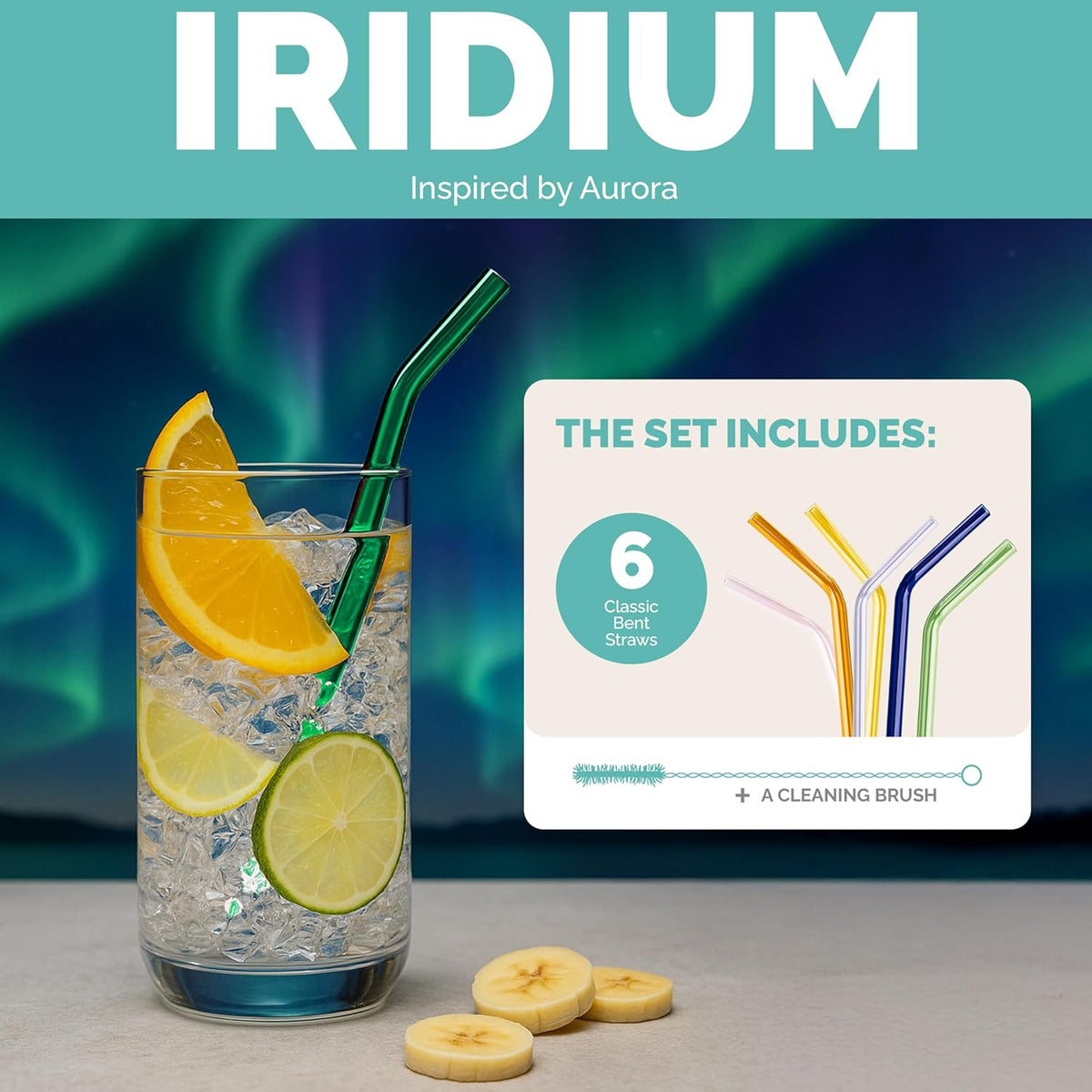 Simply Straws 8 Inch Glass Straws Bent (6-Pack) – Reusable Glass Straws for Pints & Juice Drinkware, with Cleaning Brush – Dishwasher Safe, Hot & Cold Use, BPA-Free (Iridium)