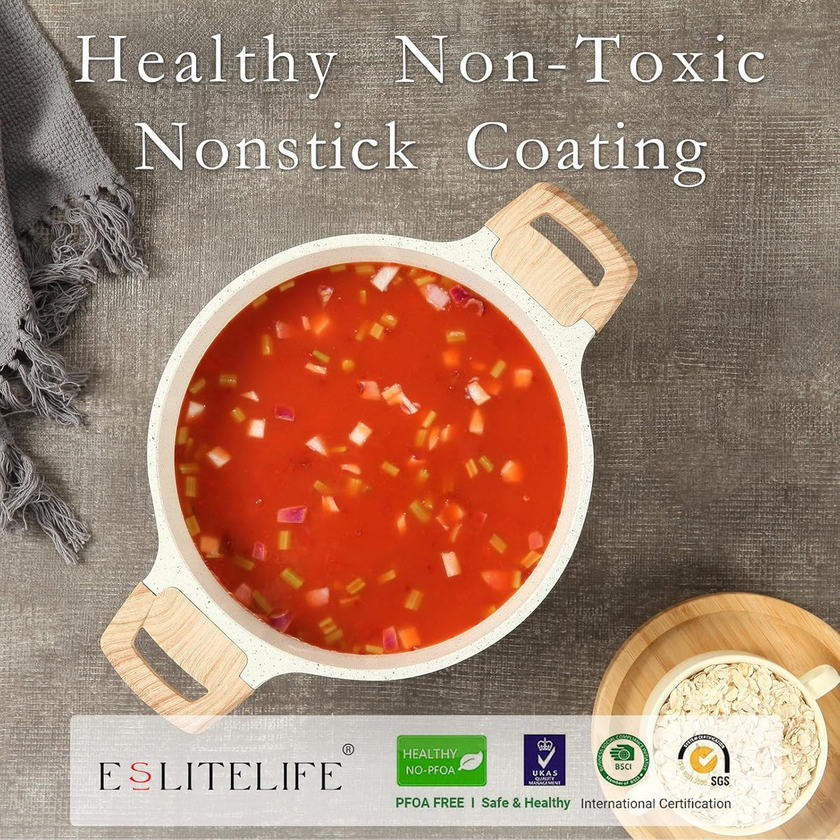 ESLITE LIFE Nonstick Stock Pot with Lid, 5 Quart Granite Casserole Large Soup Pot Pasta Cooking Pot, Induction Compatible, PTFE & PFOA Free, White