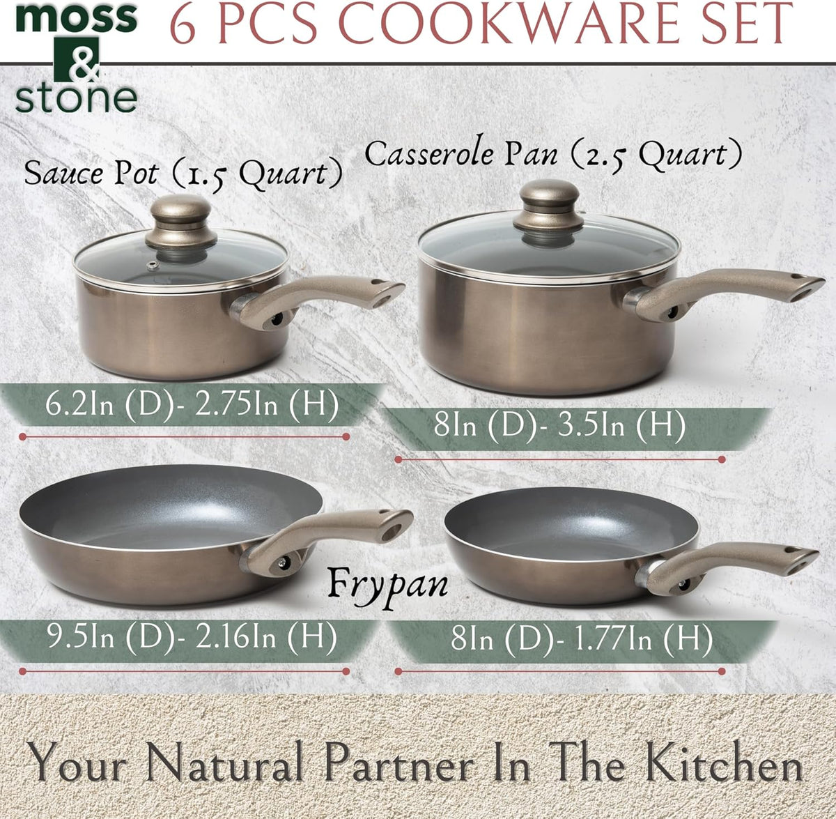 Moss & Stone 6 Pcs Dark Grey Nonstick Cookware Set, Pots And Pans Set Non stick With Glass Lid, Induction Cookware, Stay-Cool Handle PTFE/PFOA Kitchen Pots 6-Piece with Frying Pans & Saucepan
