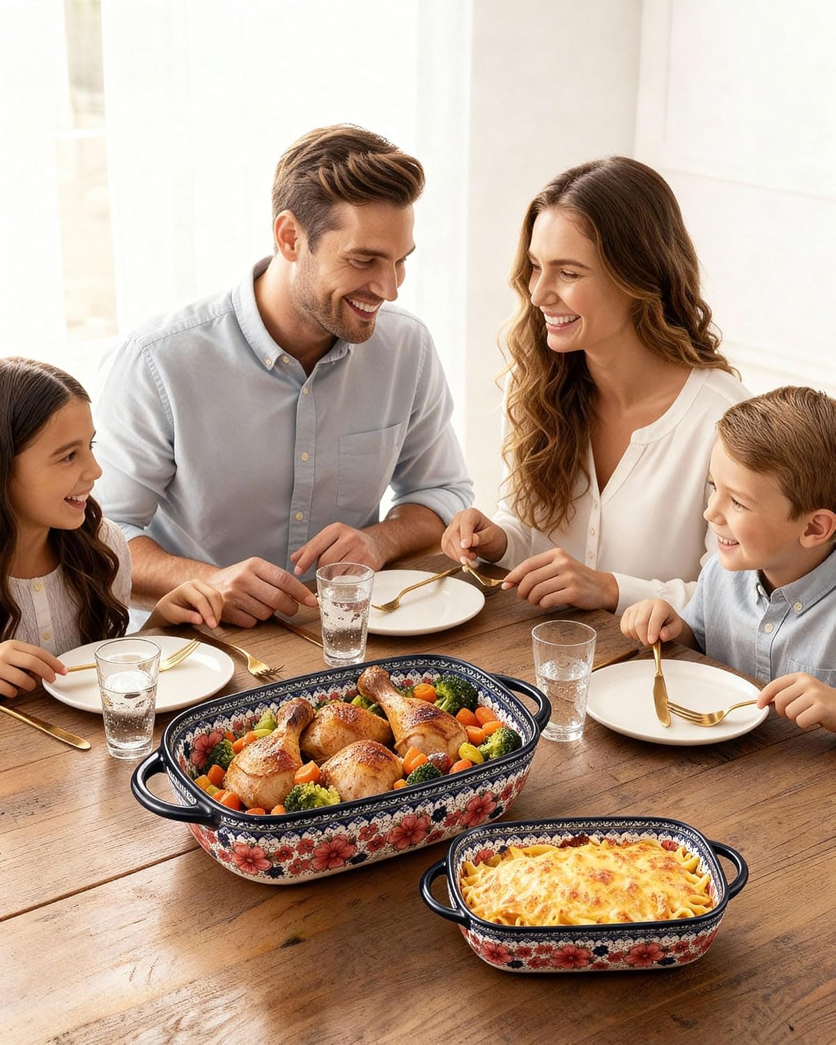 Polish Pottery Style Ceramic Baking Dish Set of 2 – Decorative Casserole Dishes with Handles, Cute Oven-Safe Lasagna Bakeware Gift Set