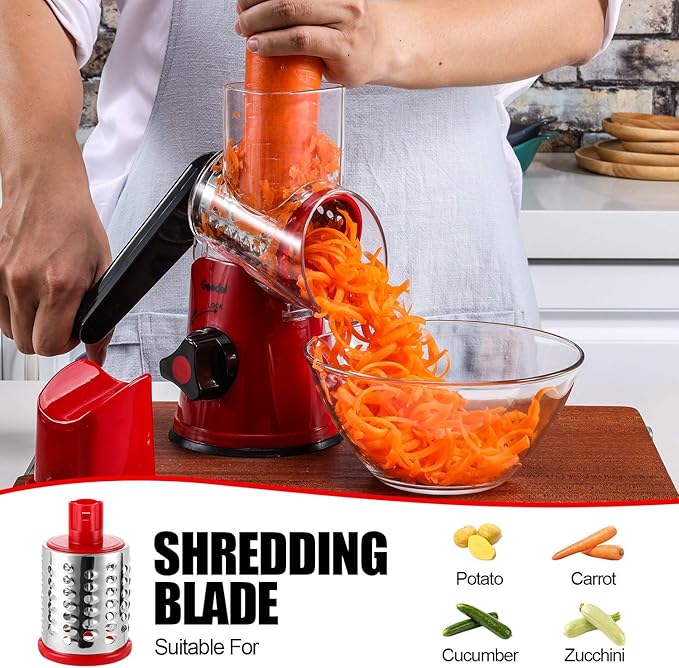 Geedel Rotary Cheese Grater, Kitchen Mandoline Vegetable Slicer with 2 Interchangeable Blades, Easy to Clean Rotary Grater Slicer for Fruit, Vegetables, Nuts