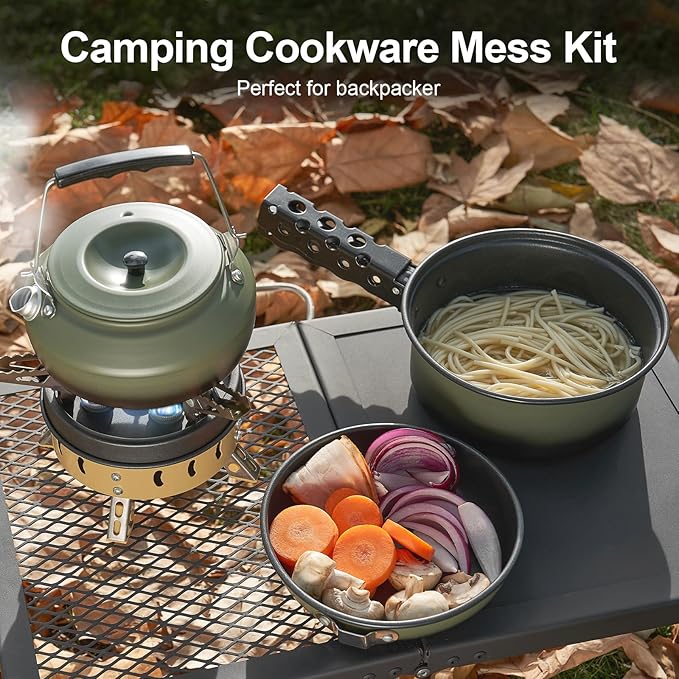 Odoland 5pcs Camping Cookware Non-Stick Camping Pot and Pan Set with Kettle and Removable Handle for Hiking Backpacking and Picnic