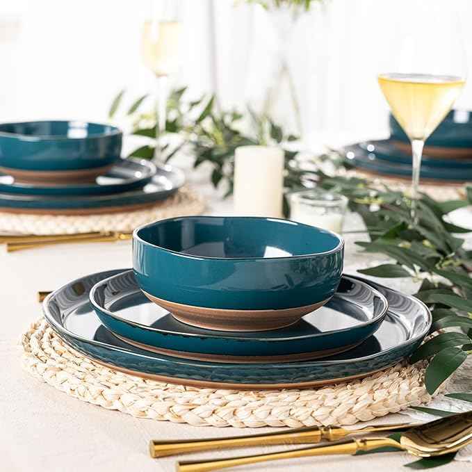 AmorArc Ceramic Dinnerware Sets for 4, 12 Pieces Handpainted Plates and Bowls Set with Rustic Terracotta Underside, Scratch Resistant Stoneware Dishes Set, Dishwasher & Microwave Safe, Multi-Color