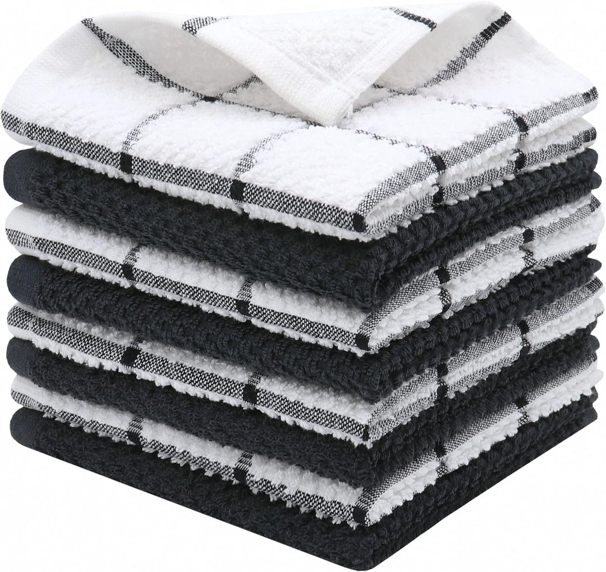 Cotton Grid Dish Cloths, Terry Cleaning Rags, 12 x 12 Inches, Light and Soft, Quick Drying Dish Rags, 8pc/Set (Black Multi)