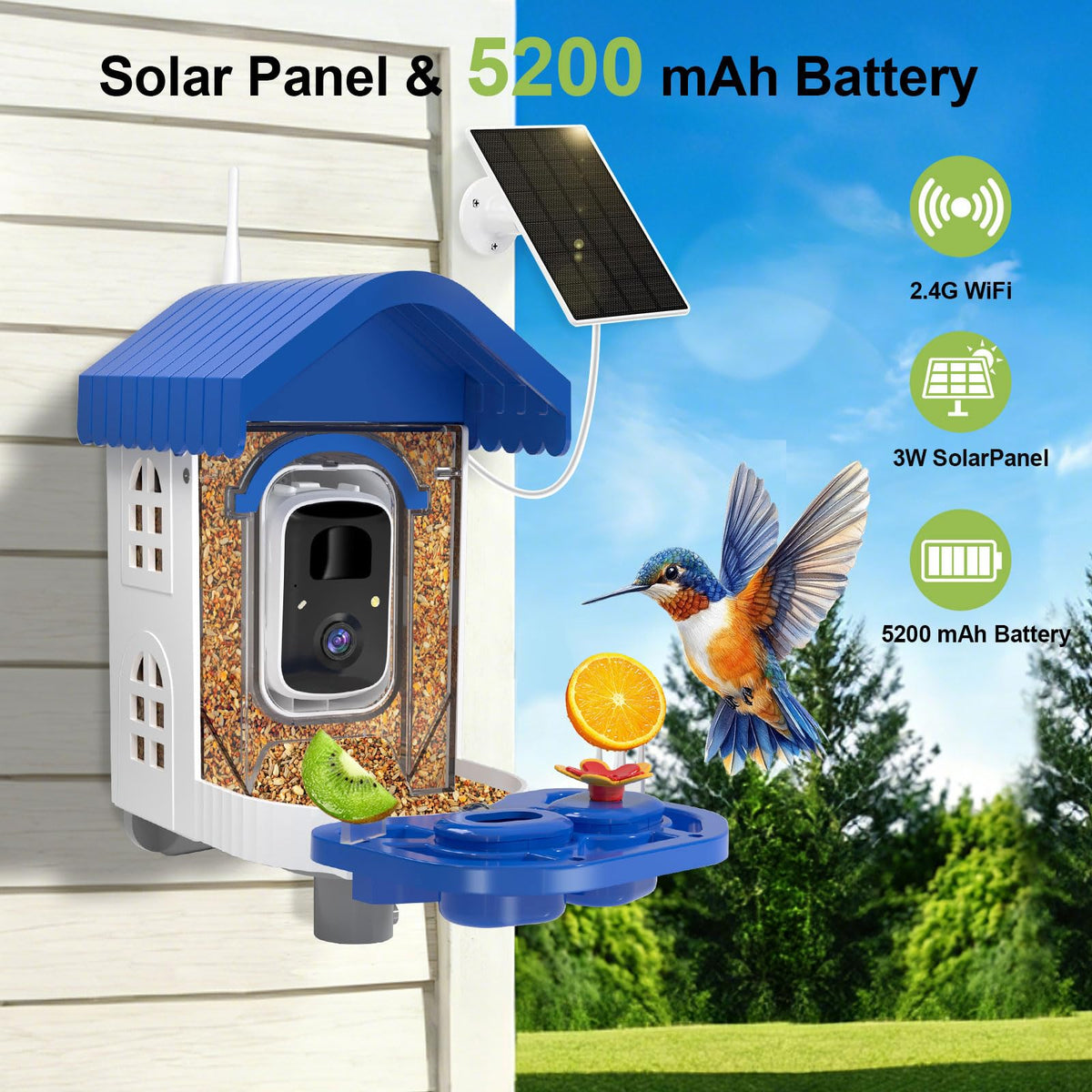 NEEZUKAR Smart Bird Feeder with Camera Solar Powered, AI Species Identification, 2K HD Video, Instant Arrival Alerts, Weatherproof Design for Outdoor, Best Gift for Bird Lovers(Blue)