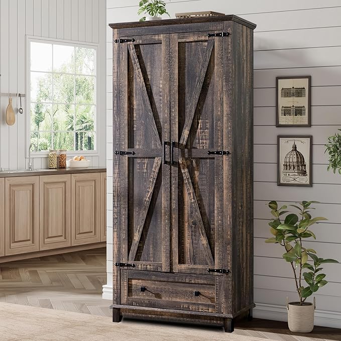 Farmhouse Kitchen Pantry Cabinet, 72" Tall Storage Cabinet with Adjustable Shelves & Barn Doors, Freestanding Kitchen Cupboard for Dining Room, Living Room, Dark Rustic Oak