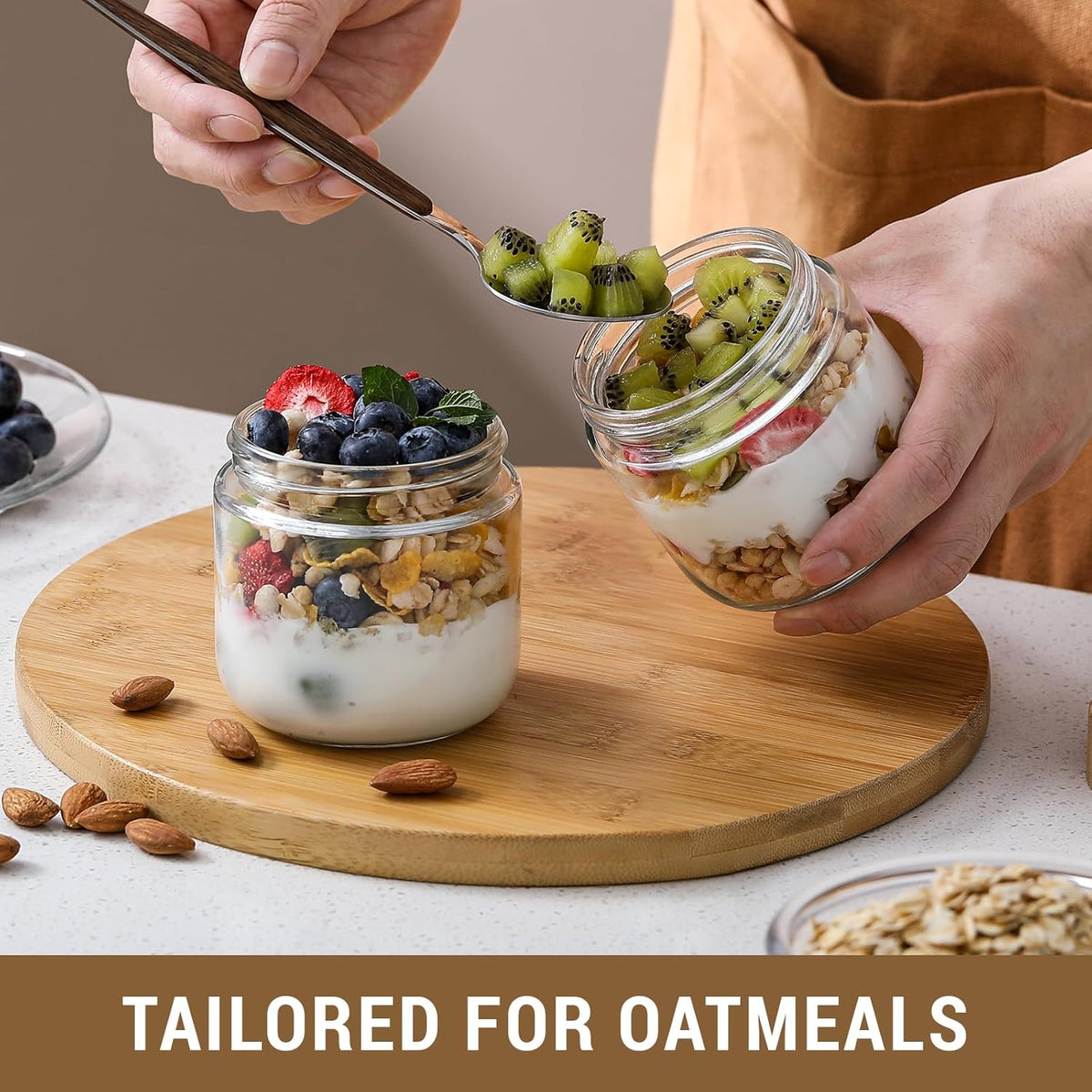 NETANY 4-pack 8oz Glass jars with Airtight Lids, Overnight Oats Containers with Bamboo Lids, Wide mouth Mason Salad jars, Glass Food Storage Containers for Snacks Yogurt Spice Sugar