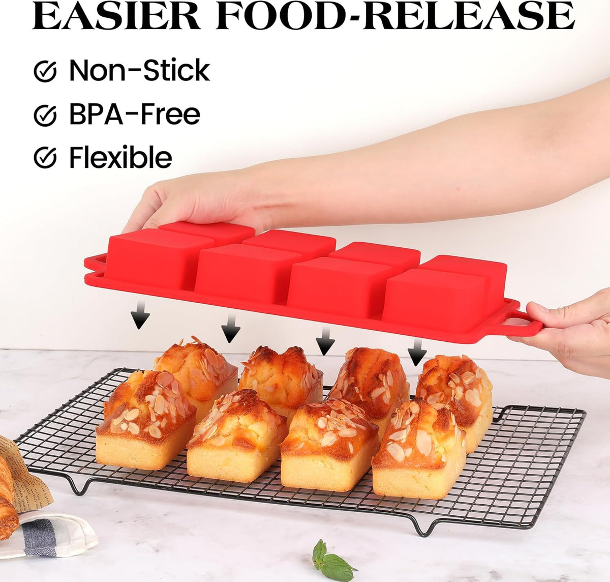1 Pc Mini Loaf Pans Silicone, Nonstick Small Bread Pans for Baking, Tiny Meatloaf Pan with Metal Reinforced Frame 8 Cavity (Red)