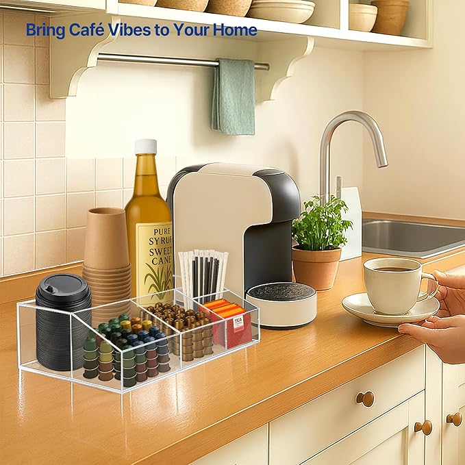 Acrylic Coffee Bar Station – Snack Tea Organizer & Storage Holder for Office Coffee Table – Perfect Countertop Setup for Syrup, Creamer, Condiment and Snack Accessories