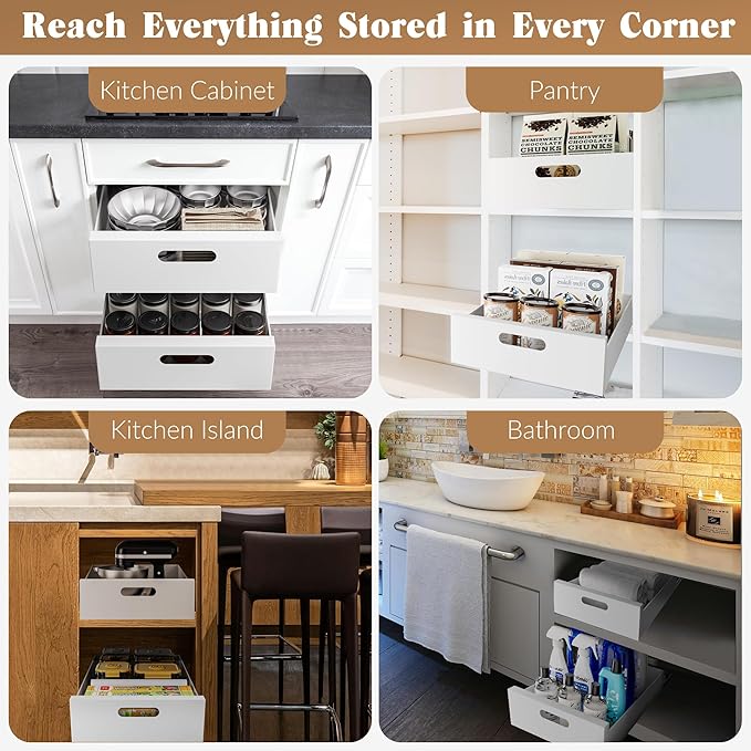 HBL' 2 Pack | 21" Deep Pull Out Cabinet Organizer Adhesive, 10-Inch Wide Sturdy Carbon Steel Roll-Out Drawers for Face Frame or Frameless Cabinets,Slide-Out Shelves for Pantry.