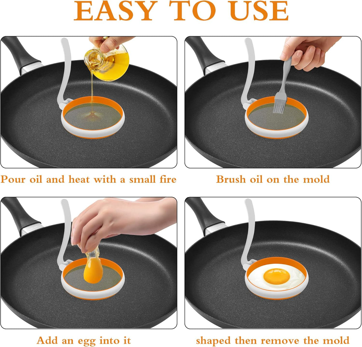 GOYLSER White Food Grade Silicone Egg Rings, 2 Pack Square Egg Rings + 2 Pack Round Egg Molds for Cooking, 4 Pack Fried Egg Shapes