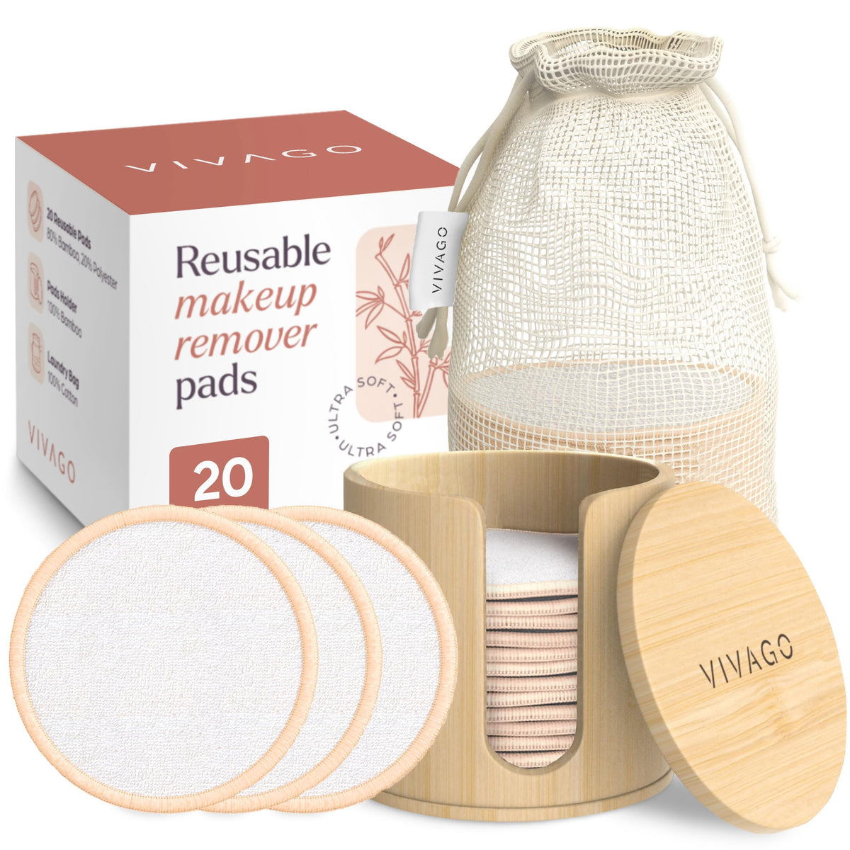 VIVAGO Reusable Cotton Rounds for Face - 20 Pack