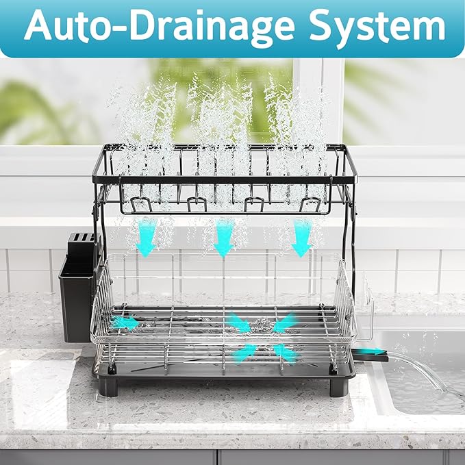 Dish Drying Rack - 2 Tier Large Capacity Dish Rack- Dish Racks for Kitchen Counter with Drainboard, Rustproof Dish Drainer with Removable Utensil Holder,Cutting Board Holder,Cup Holder, Black