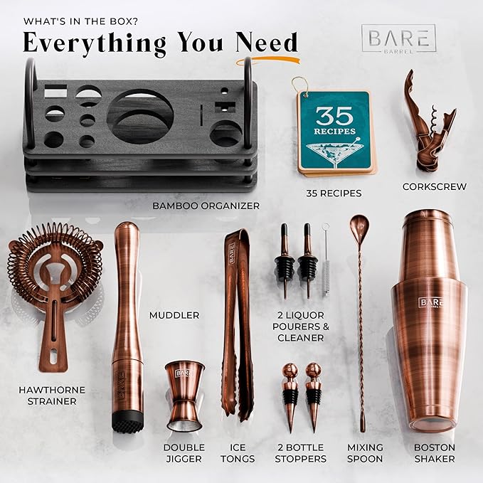 BARE BARREL® Mixology Bartender Kit Bar Set | 14-Piece Cocktail Shaker Set | Martini Barware Mixing Tools for Home Bartending | 35 Recipe Cards | Gift Set (28oz Boston Shaker, Copper/Black)