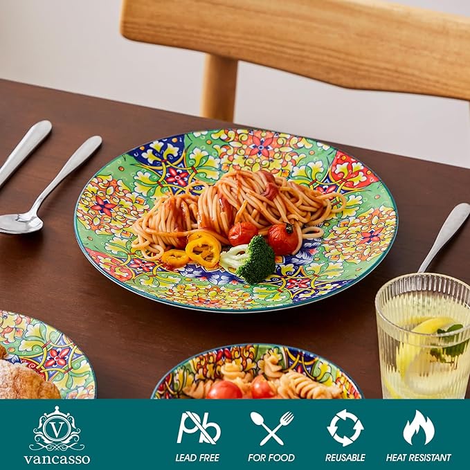 vancasso 12 Pieces Dinnerware Sets, Green Plates and Bowls Set, Porcelain Dishes Set for 4, Microwave and Dishwasher Safe, Scratch Resistant, Bohemian Style Dining Ware Service for 4, Series SIMI