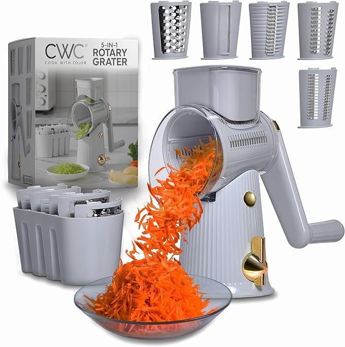 COOK WITH COLOR Rotary Cheese Grater with Handle - Counter Cheese Grater Suction Base with Hand Crank - 5 Blade Cheese Shredder - Easy to Use Manual Vegetable Chopper and Mandolin