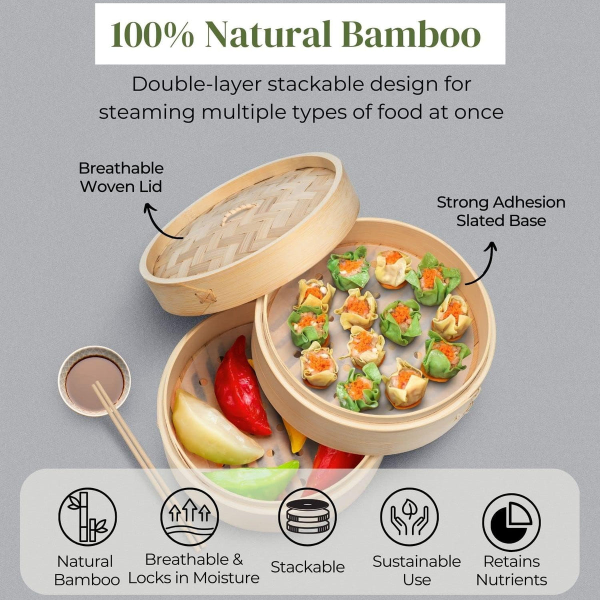 Flexzion Bamboo Steamer Basket Set (8 inch), 50 x Steamer Liners and 2 Pairs of Chopsticks, Steam Baskets for DimSum Dumplings, Rice, Vegetables, Fish and Meat
