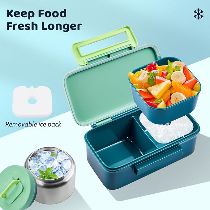 Lunch Box for Kids With 8oz Soup Thermo, Leak-proof Lunch Container with 2 Compartments, Thermo Food Jar Food Containers for Back to School Girls Boys (Green)