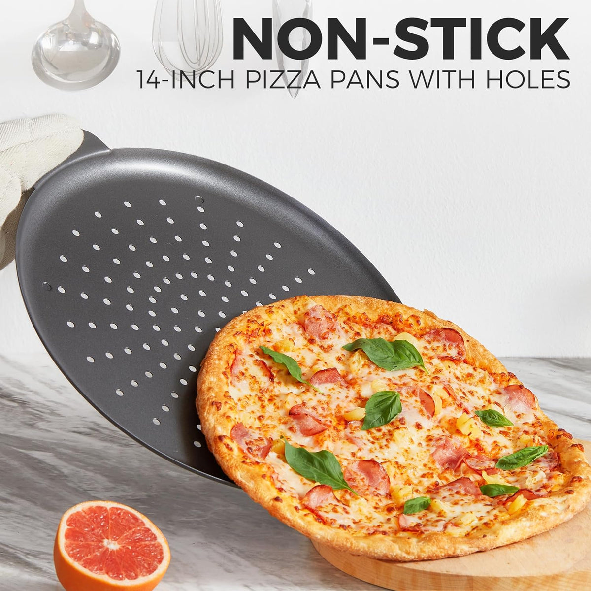 HONGBAKE 2 Pack Pizza Pan 14 Inch with Holes, Rust-Free Nonstick Pizza Pan for Oven, 0.8mm Carbon Steel Perforated Pizza Tray with Wider Handles, Round Baking Sheet for Frozen & Homemade Pizza, Grey