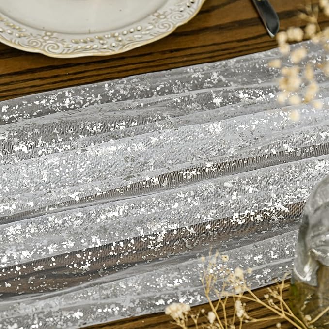 Artoid Mode 6Pcs White Silver Gauze Table Runner 120 Inch 10FT, Glitter Metallic Foil Sheer Dining Wedding Anniversary Holiday Birthday Table Decor for Home Party