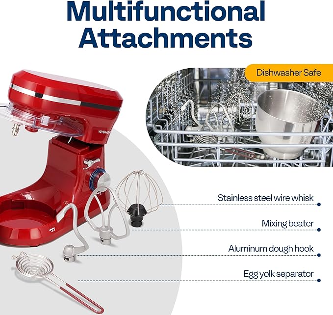 VIVOHOME 4.75 Quart Stand Mixer, 8 Speed Kitchen Electric Food Mixer, Household Stand Mixer for Baking, Cake, Bread with Beater, Dough Hook, Wire Whip and Egg Separator, Red