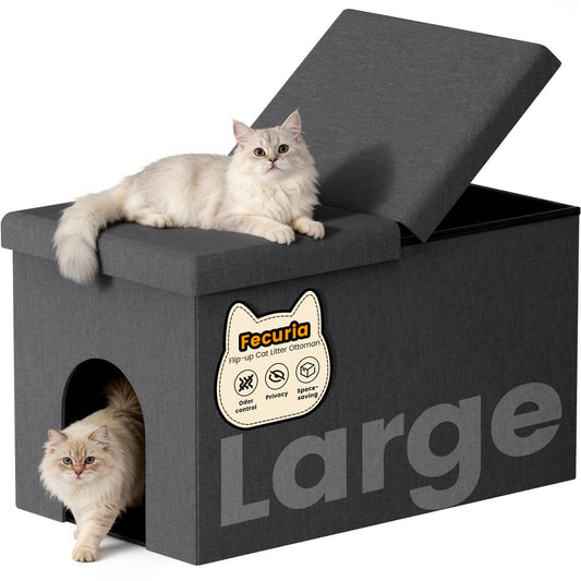 Fecuria 3-in-1 Cat Litter Box Enclosure with Odor Control, Multi-Functional Hidden Litter Box Furniture Bench, Dog Proof, Space-Saving Ottoman Cabinet with Flip-Up Lid, Storage Footrest, Dark Grey