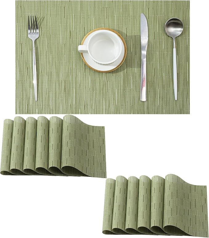 Leetaltree Pea Green Placemats Set of 12 - Heat Resistant Non-Slip Place mats for Dining Table, Washable Durable PVC Vinyl Woven Table Mats（Pea Green, 12）