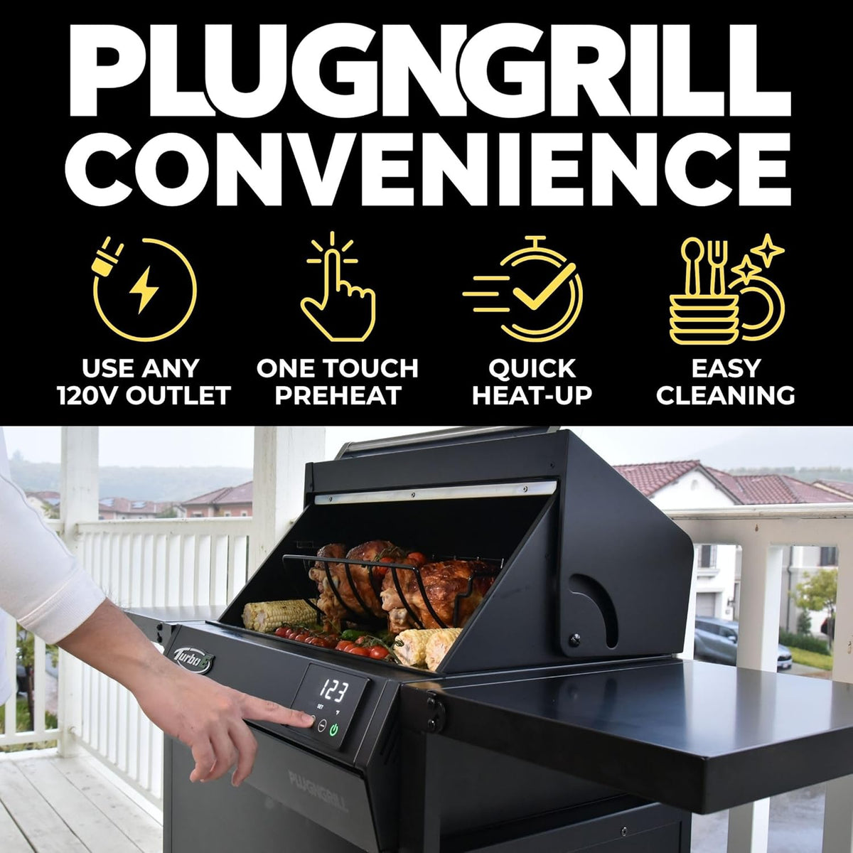 Turbo E Outdoor Electric Grill by PLUGNGRILL - High-Power 1700W Infrared Grill Technology - 24-Inch Smart BBQ Grill with Probe & Digital Display for Precise Cooking & Searing (Turbo E Griddle Set)