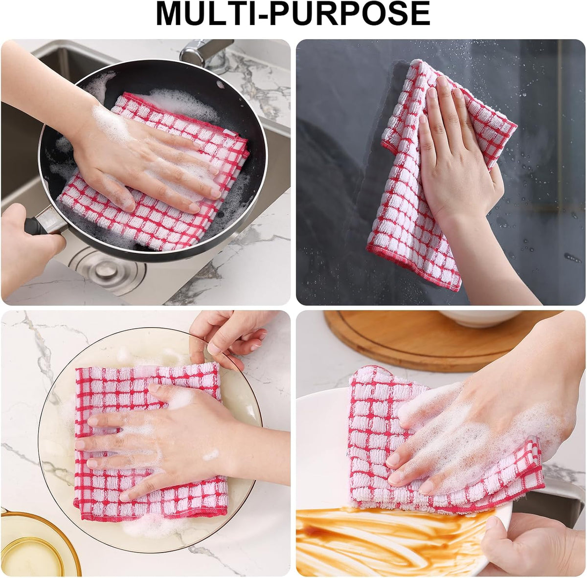 Kitinjoy Cotton 8 Pack Terry Kitchen Dish Cloths, 12 x 12 Inches Super Soft and Absorbent Dish Rags, Quick Drying Dish Towels for Washing Dishes, Red