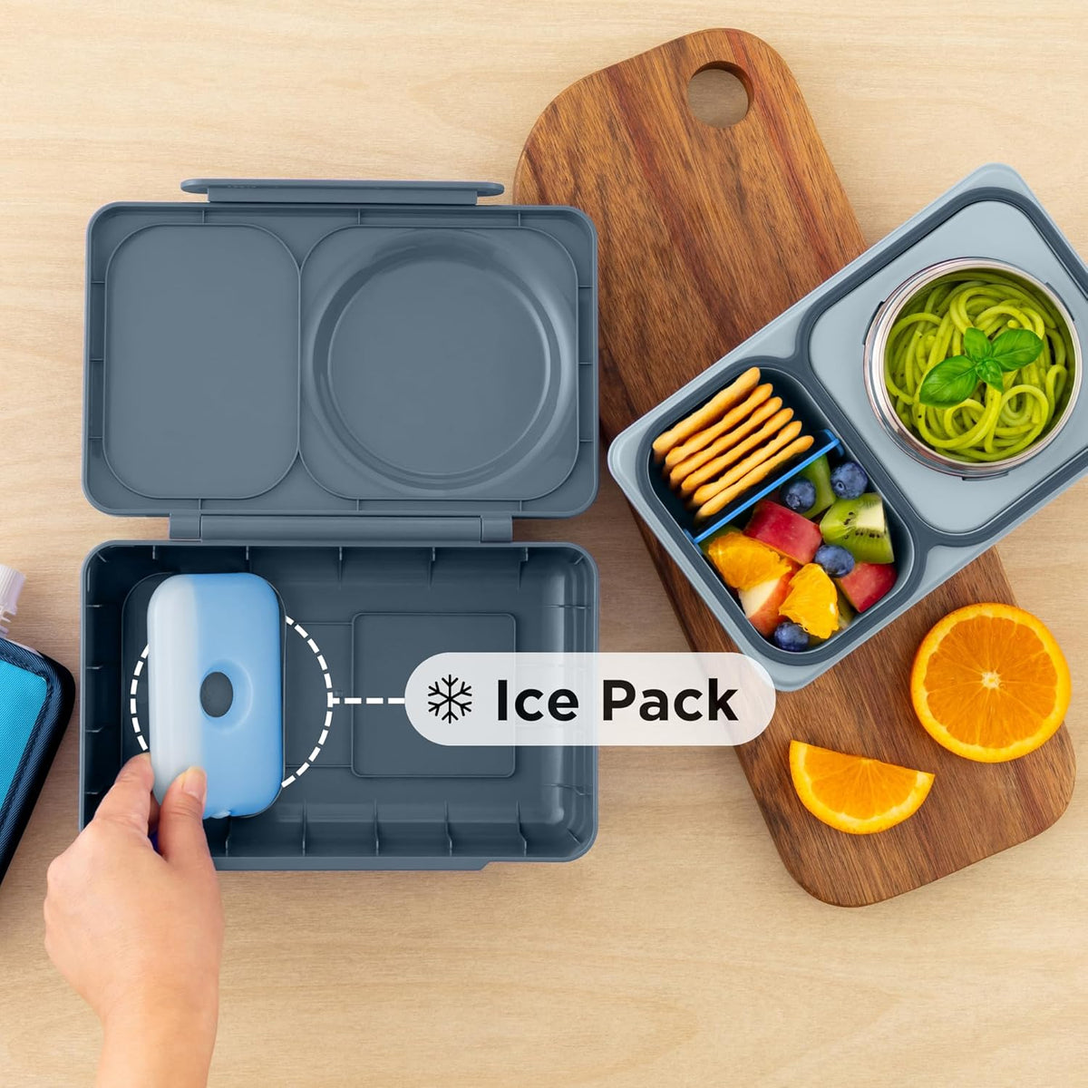 Omie OmieBox UP bento Box for Kids | Insulated Lunch Box | Leak Proof Vacuum Insulated Thermal Food jar | Cooler ice Pack | 2 Compartments (Graphite)
