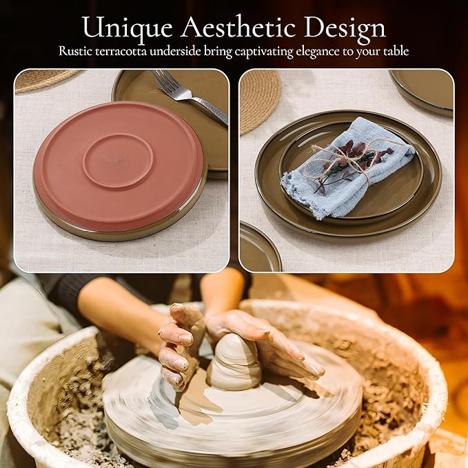 E-far Stoneware Dinnerware Sets for 4, 12 Pieces Reactive Glaze Plates and Bowls Sets, Elegant Dishes with Rustic Terracotta Base, Dishwasher & Microwave Safe, Scratch Resistant, Deep Camel