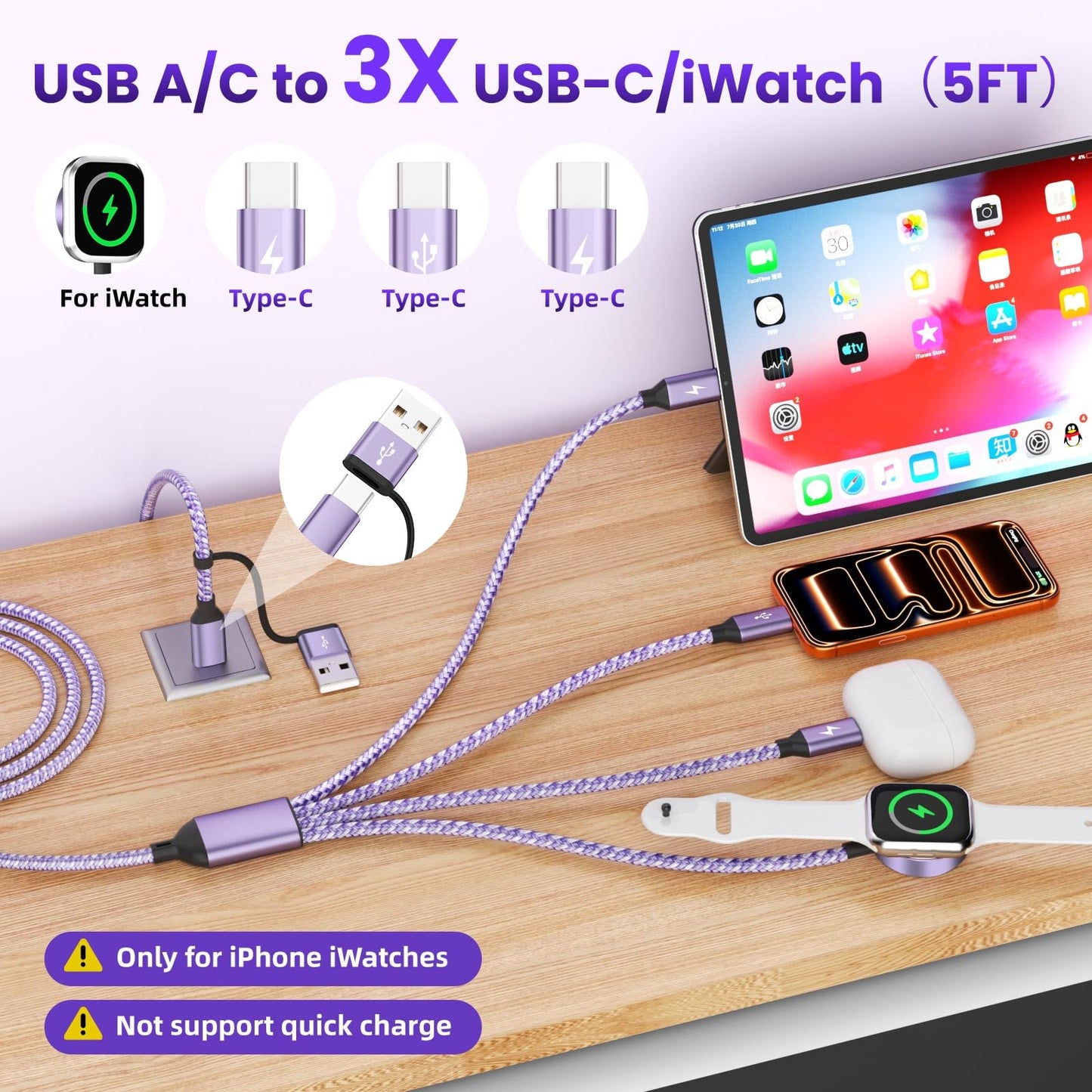 Travel Essentials Multi Charging Cable for iWatch Charger 3 X USB C Cable