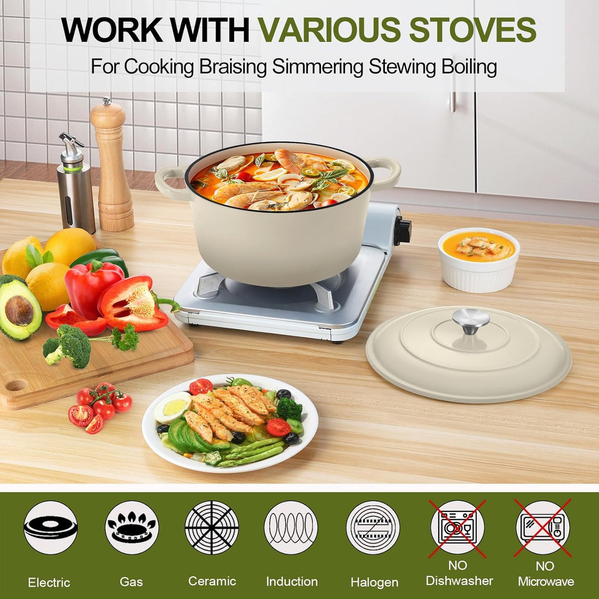 P&P CHEF 5QT Enameled Dutch Oven, Cast Iron Dutch Oven Pot with Lid for Bread Baking, Enameled Casserole Pot for Roasting Braising Stewing Frying Simmering, Various Stoves & Easy Clean, Khaki