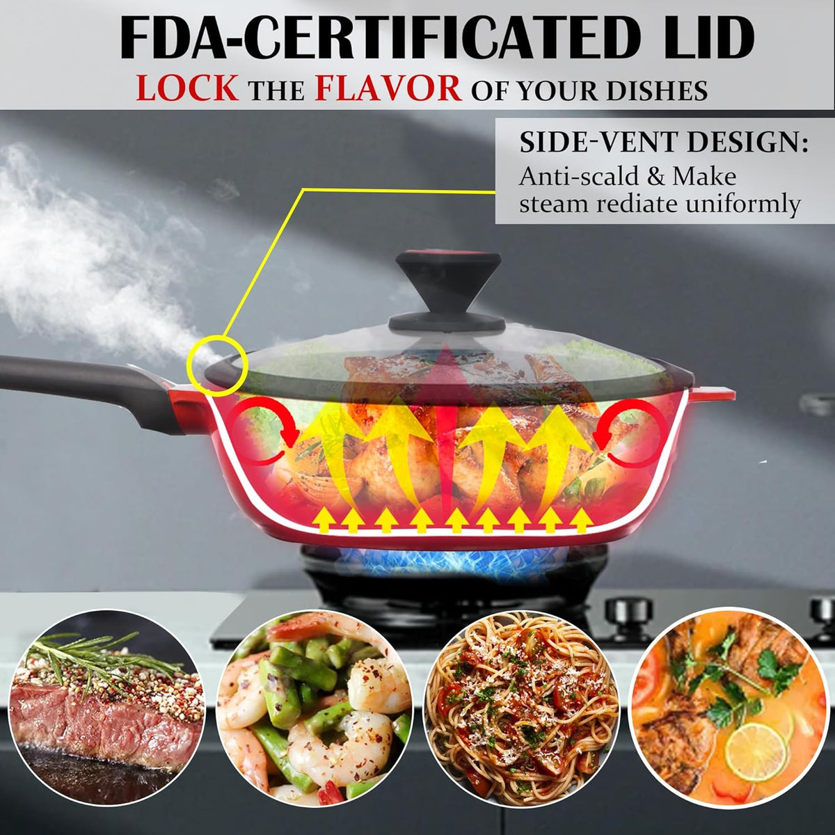 DIIG Nonstick Deep Frying Pan Skillet with Lid, 12 inch/ 5.5 QT Saute Pan with Silicone Spatula, Sauce Cookware Cooking Chef Pans, Cast Aluminum Induction Compatible, Ruby Red