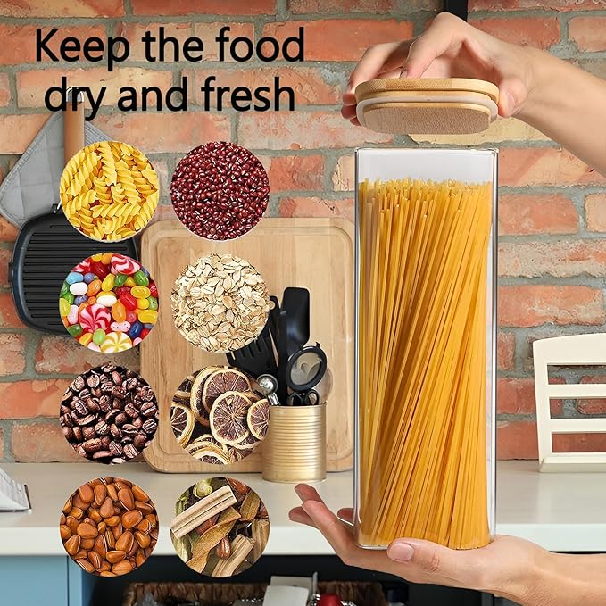 2.2 Qt Square Glass Storage Containers with Lids, Clear Food Storage Container Jar with Sealing Bamboo Lid Storage Containers for Pasta, Oats, Coffee, Flour, Sugar (Square -3Pack)