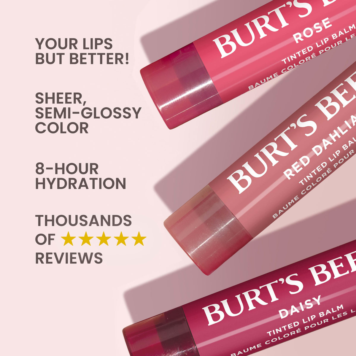 Burts Bees Tinted Lip Balm Value Pack, Includes Red Dahlia, Daisy and Rose, 8 Hour Moisture, Provides a Hint of Color, Nourishing Shea Butter, 100 Percent Natural Origin, 0.15 oz., Three Tubes