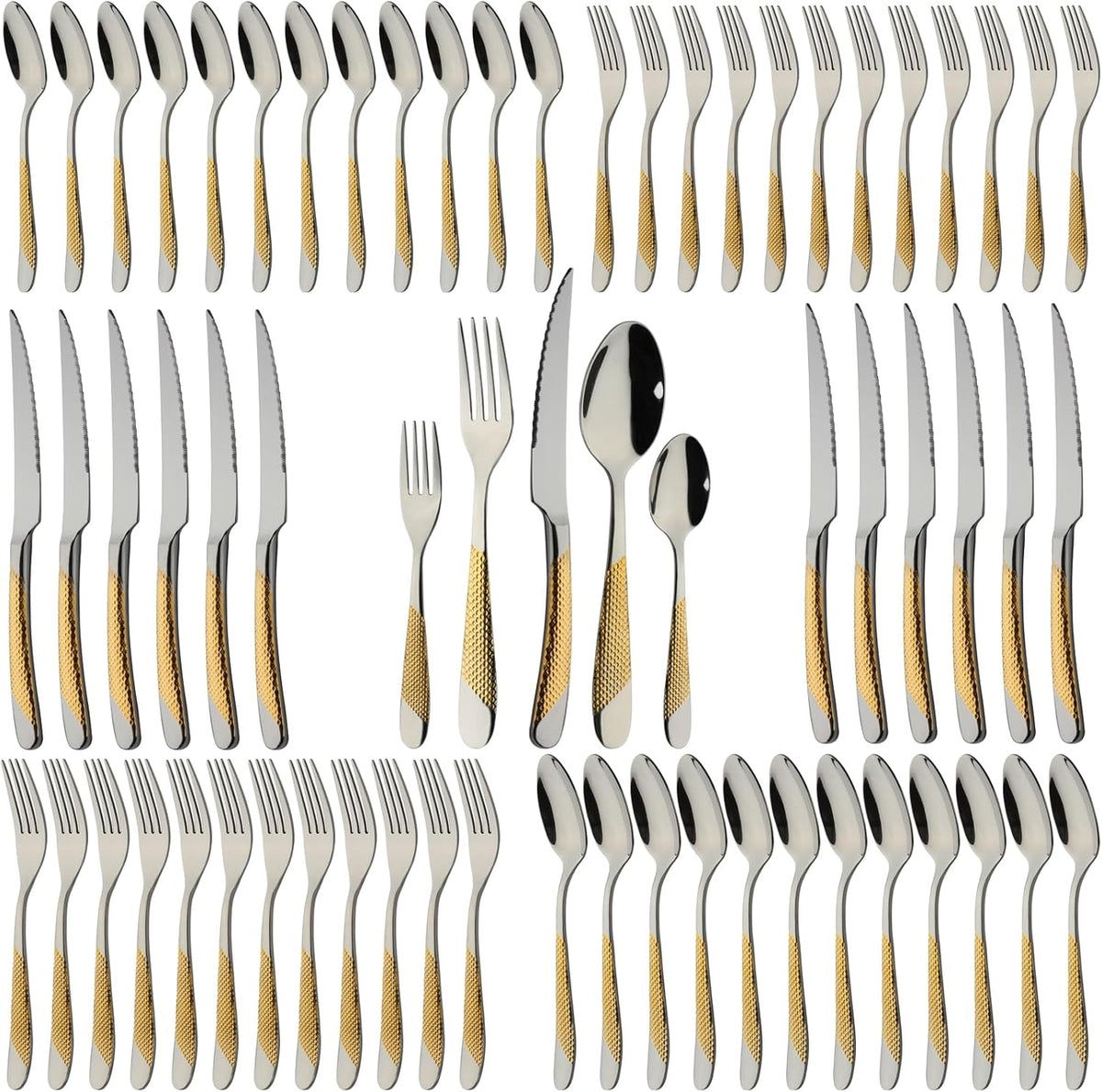 Gold Silverware Set 60-Piece Stainless Steel Flatware Cutlery Set Service for 12 Kitchen Tableware Utensil Set Includes Knives Spoons Forks For Home Kitchen Restaurant