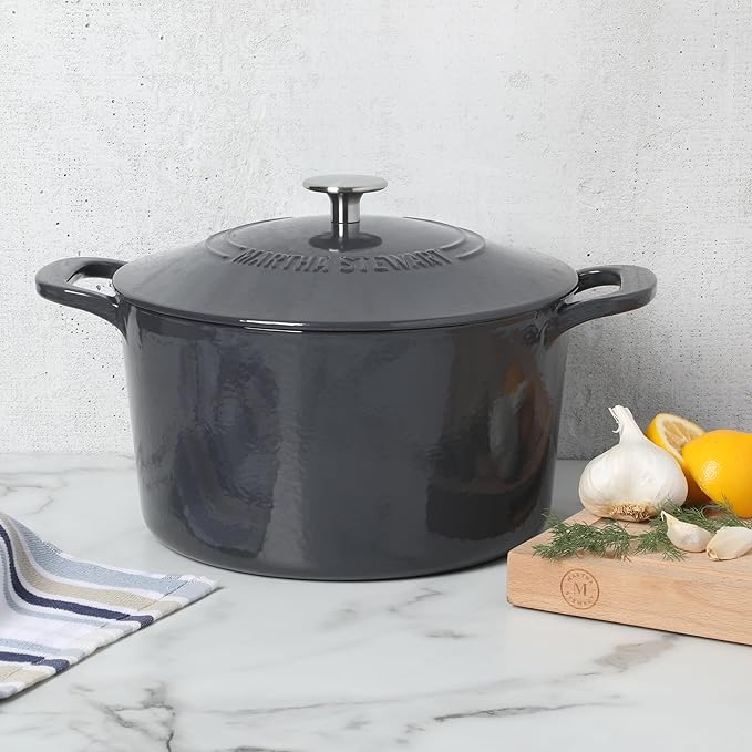 Martha Stewart Gatwick 7 QT Enamel Cast Iron Dutch Oven – Gray, Durable Heavy-Duty Dutch Oven for Slow Cooking, Braising, and Baking