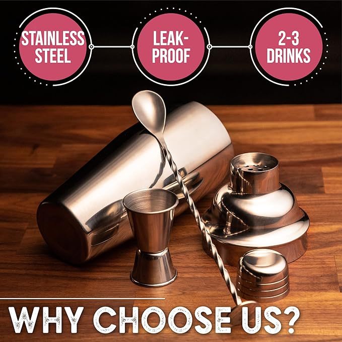 Cresimo 24oz Cocktail Shaker Set with Bar Accessories for Home Bar - Martini Shaker with Jigger and Drink Mixer Spoon - Alcohol Bartender Gift - Bartending Kit Essential for Home