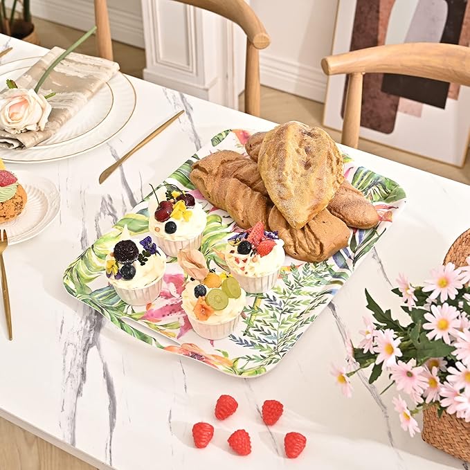 Blue Boat 16.5" x 11.5" Rectangular Serving Trays Set of 2 Floral, Light Weight Easy to Clean Sturdy Stackable Melamine Serving Tray with Handle, Fruit, Snacks, and Desserts Trays