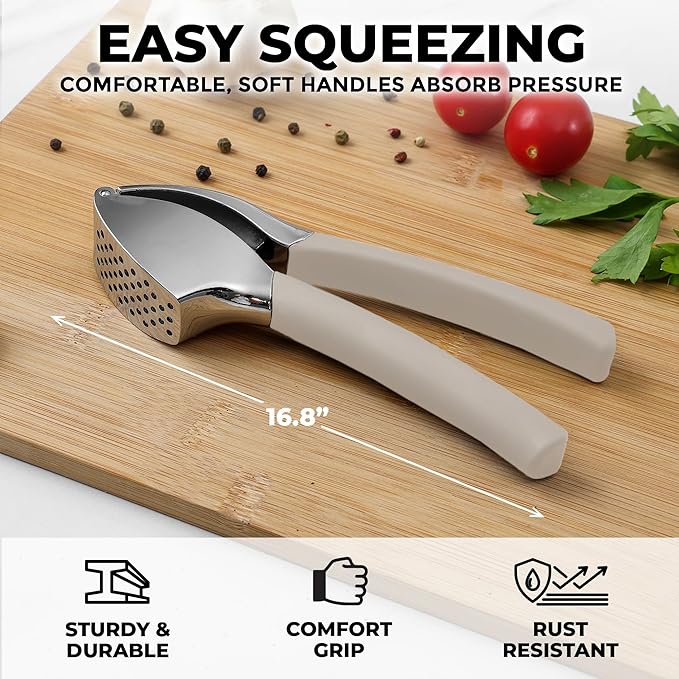 Zulay Kitchen Comfort Grip Garlic Press - Garlic Mincer Tool - Garlic Crusher - Garlic Press Mincer Rust Proof, with Soft Ergonomic Handle, Easy Clean Set with Peeler and Brush - Gray