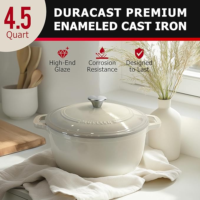 MUELLER HOME 4.5 QT Enameled Cast Iron Dutch Oven, Heavy-Duty Casserole Dish and Braiser Pan with Lid and Stainless Knob, Oven-Safe up to 500° F & Across All Cooktops, Oyster White