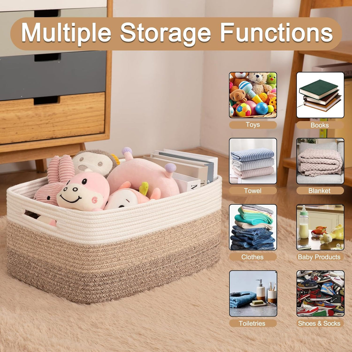 Large Storage Basket for Organizing, Woven Rope Basket for Shelves, Closet Organizer Bins for Clothes, Blanket, Toys, Baby Nursery Storage, 17.7" x 13" x 7.87", 3 Packs Gradient Yellow