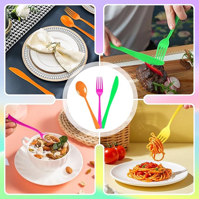 300 Pack Neon Party Disposable Plastic Silverware Heavy Duty, Plastic Cutlery Set, Forks and Spoons Knives Set for Birthday Party Prom Night, Weddings（Orange,Green, Hot Pink, Yellow Colors）
