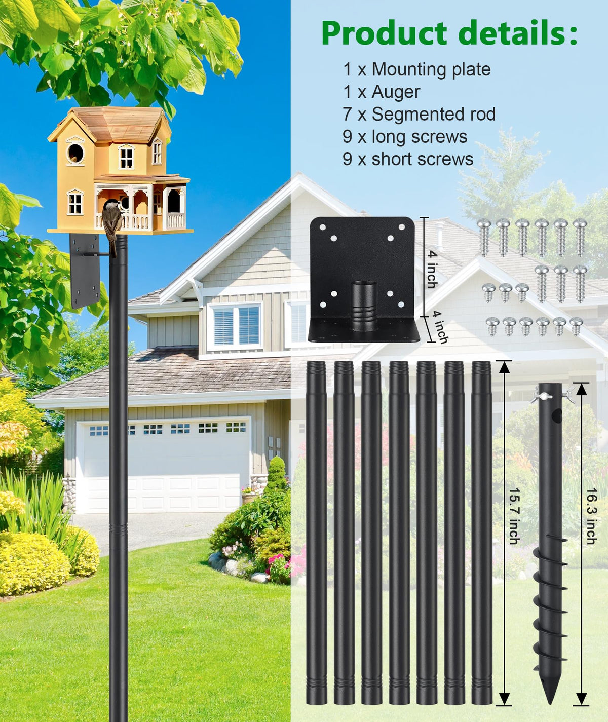 Heavy Duty Bird Feeder Pole - 109 Inch Adjustable 1 Inch Metal Bird House Pole with 14” Deep Auger Base | Outdoor Mount Kit for Bluebird Houses, Hummingbird Feeders, Smart Bird Feeder with Camera