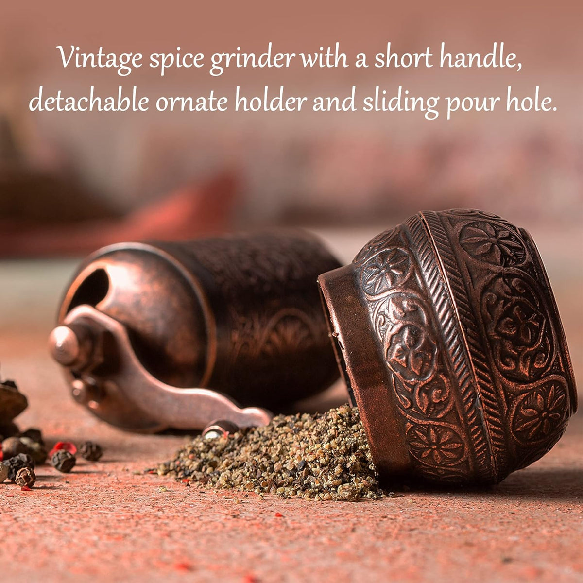 Decorative Black Pepper Grinder, Refillable Turkish Spice Mill with Adjustable Coarseness, Manual Pepper Mill with Handle, Spice Grinder Metal with Hand Crank, Copper