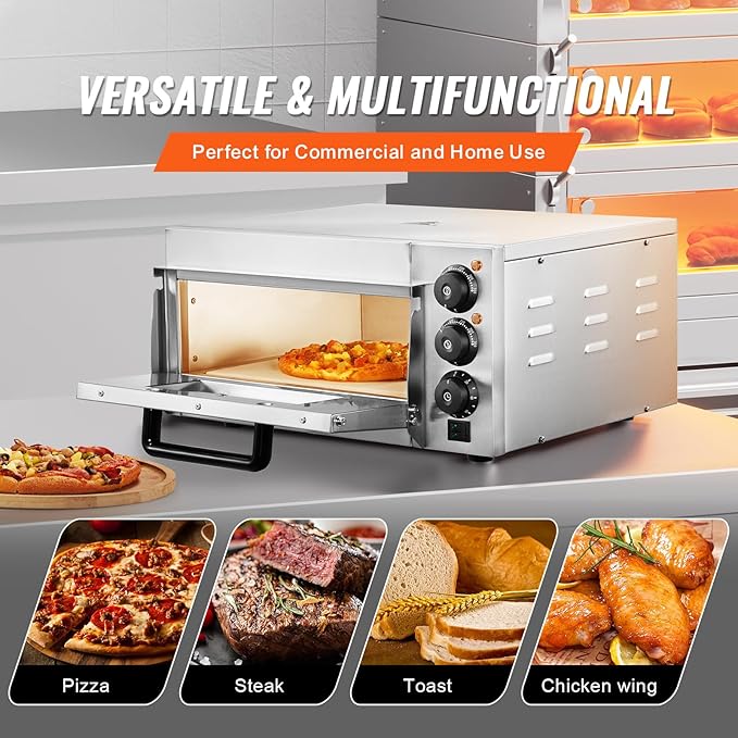 VEVOR Commercial Pizza Oven Countertop, 14" Single Deck Layer, Stainless Steel Electric Pizza Oven with Stone and Handle, Multipurpose Indoor Pizza Maker for Restaurant Home Pretzels Baked