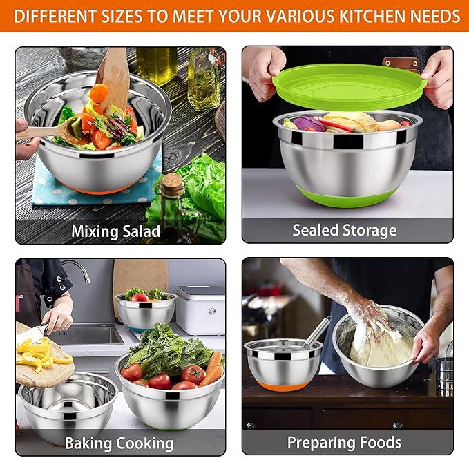 LIANYU Nesting Mixing Bowls Set of 6 with Airtight Lids, Size 7, 3.5, 2.5, 2, 1.5, 1QT, Large Stainless Steel Metal Bowls for Baking Cooking Food Storage, Non-slip Bottom, Colorful